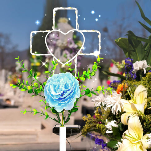 16 Inch Solar Cross Garden Stake Lights with 1 Artificial Flower Metal Garden Art for Patio Lawn Garden Decor Solar Outdoor love Sign for Gravesit...