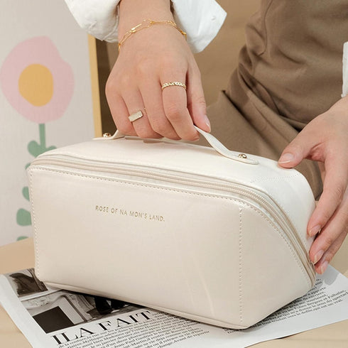 Portable Make Up Bag, Large Capacity Travel Cosmetic Bag, PU Leather Double-layered, Waterproof Portable Leather Makeup Organizer Bag for Skin Car...