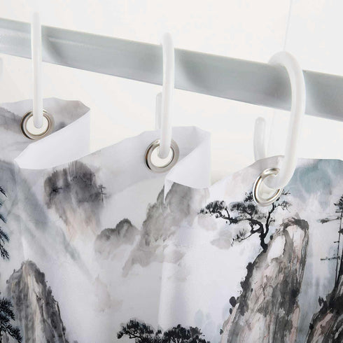 Japanese Shower Curtain, Asian Landscape Painting Oriental Ink Watercolor Mountain Tree Abstract Bath Curtains, Black Print Fabric Bathroom Access...