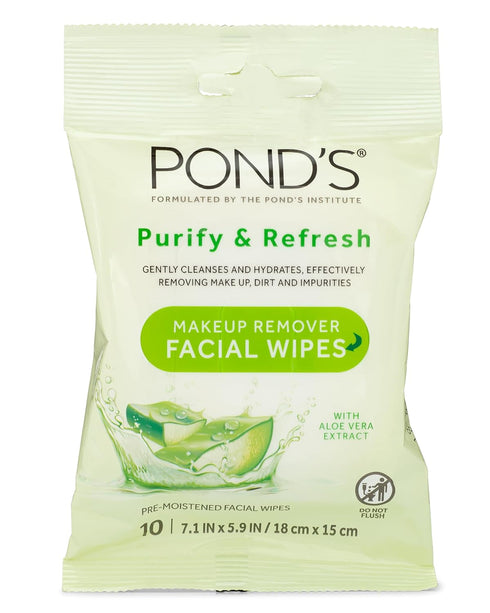 Pond's Purify & Refresh Facial Wipes with Aloe Vera, Makeup Remover, Gently Cleanses and Hydrates, Pre Moistened, 10 Count, 4-Pack (40 Wipes)...
