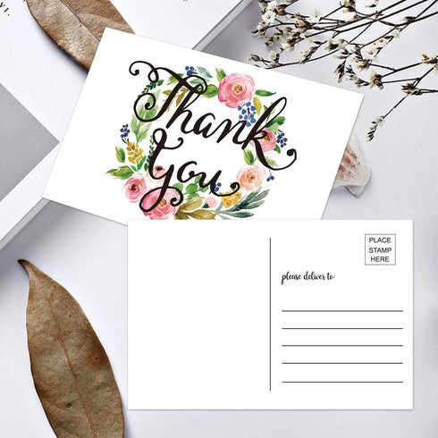 50 Thank You Postcards-Blank Thank You Note Card, Floral Watercolor Calligraphy Note Card Stationery for Wedding, Bridesmaid, Bridal or Baby Showe...
