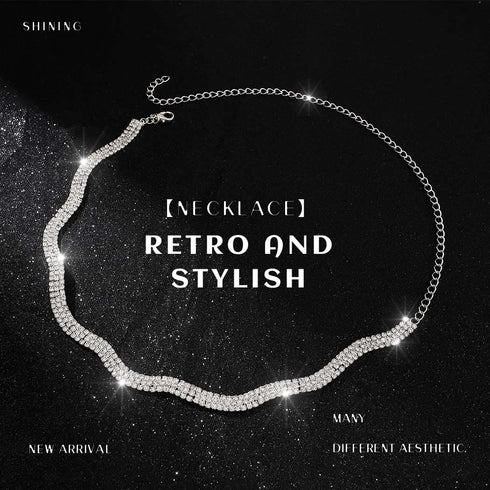 Rhinestone Choker Necklace Silver Crystal Necklaces Fashion Water Ripple Clavicle Chain Party Sparkly Adjustable Chain Jewerly for Women and Girls...