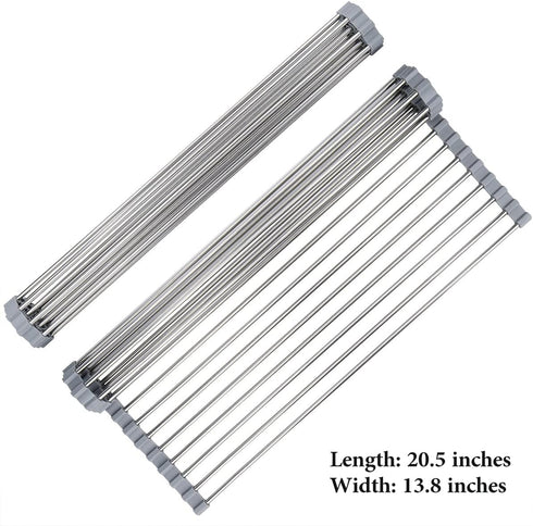 Roll Up Dish Drying Rack 20.5"(L) x 13.8"(W) - Stainless Steel and Silicone Dish Drying Mat Over The Sink Foldable Drain Rack Multipurpose Dish Dr...