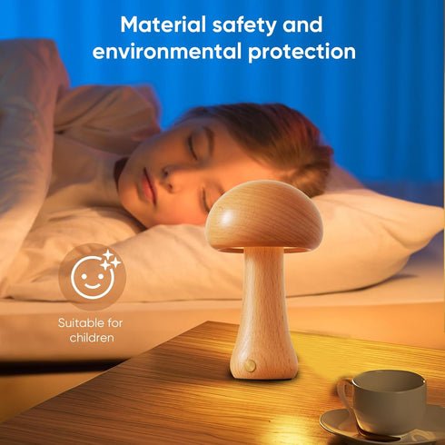 Small Wood Mushroom Lamp, LED Cordless Bedside Touch Lamp, Portable Dimmable Battery Mushroom Lamp for Bedroom Nightstand...