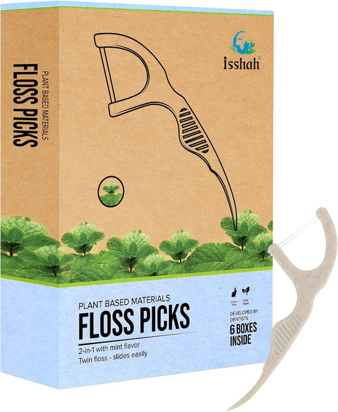 Natural Dental Floss Picks (300 Count) - Plant Based, PETA Approved Vegan, Eco Friendly, Sustainable Dental Flossers - Twin Floss (Mint)...