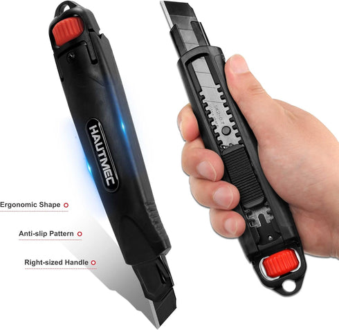 HAUTMEC 18mm Extra Heavy Duty Utility Knife with Double Lock Mechanism and 10pc Blade Set, Double Safety, SK2 Sharp Black Blade for Industrial or ...