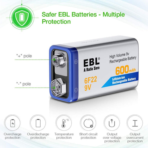 EBL 4-Pack 9V Batteries Li-ion 9 Volt Rechargeable Batteries with 9V Battery Charger...