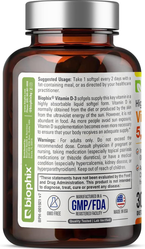 biophix Vitamin D-3 5000 IU 30 Softgels - High-Potency in Extra Virgin Olive Oil, Non-GMO, Soy-Free, Supports Bone, Immune Health and K2...