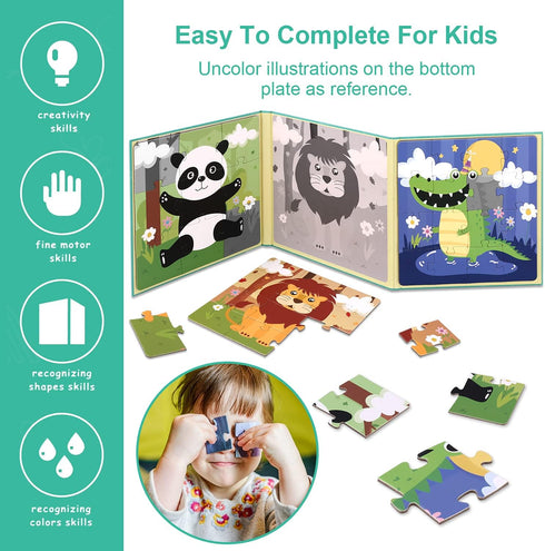 Magnetic Puzzles for Kids Ages 3 4 5, Advanced Version 9-12-16 Piece Animal Wooden Jigsaw Puzzles Book for Toddlers, Travel Games, Preschool Educa...