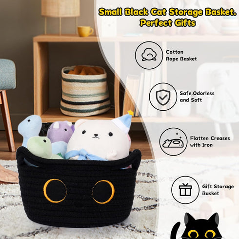 Small Storage Basket, Black Cat Cotton Rope Baskets Woven Blasket for Nursery, Blanket Basket Organizer With Ears Baby Toy Storage Basket for Gift...