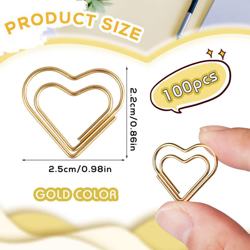 100pcs Mini Gold Heart Paper Clips, Small Cute Love Shaped Paper Clips Stainless Steel Metal Paper Clips Bookmarks for Document Note Sorting Organ...