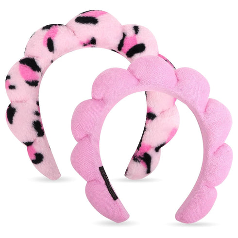 Wecoe 2pcs Skincare Headband For Washing Face Spa Makeup Face Wash Headband Cute Pink Black Cheetah Leopard Printed Puffy Sponge Bubble Headband H...
