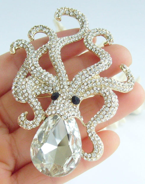 Sindary Unique 3.15" Austrian Crystal Octopus Brooch Pin Pendant BZ5097...