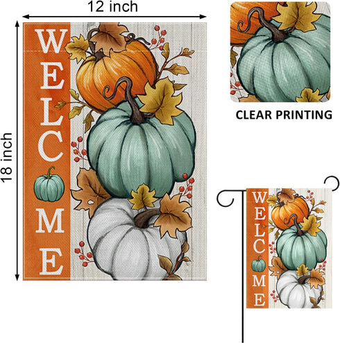 Welcome Fall Pumpkins Decorative Garden Flag, Autumn White Teal Pumpkin Farmhouse Yard Outside Decorations, Thanksgiving Seasonal Burlap Outdoor S...