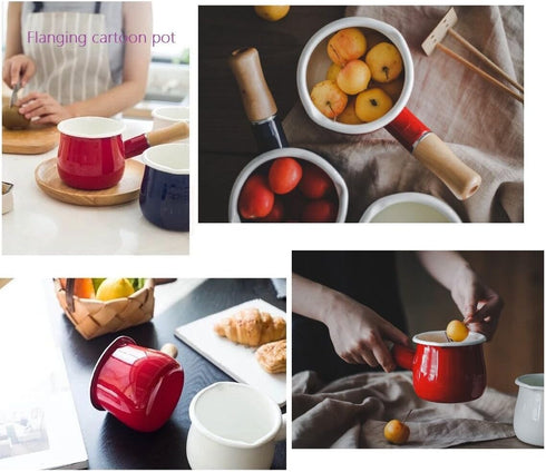 Enamel Milk Pot, Small Enamel Saucepan Milk Pot Butter Warmer 4 Inch 17 Oz Enamel Small Sauce Pan with Wooden Handle, Perfect Size for Heating Sma...