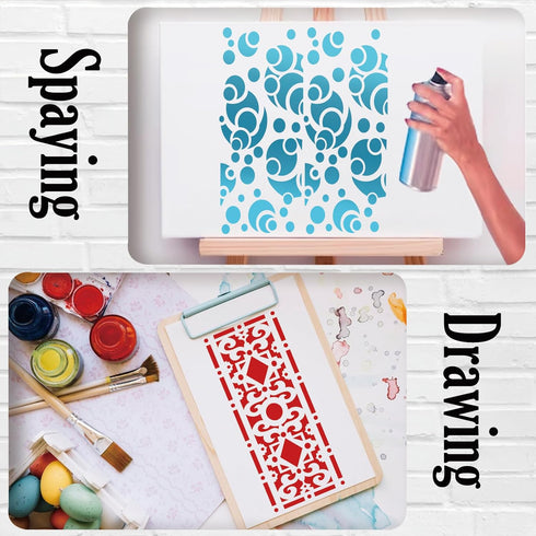 15 Pieces Stencils for Painting on Wood, Reusable Border Furniture Stencil Plastic Cake Decorative Template for Wood DIY Craft Canvas Fabric (15 B...
