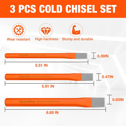 ValueMax 3-Piece Heavy Duty Cold Chisel Set, 3/8-Inch, 1/2-Inch & 5/8-Inch Metal Chisel Set, Premium Cr-V Steel, for Carpentry, Metalwork, Woodwor...