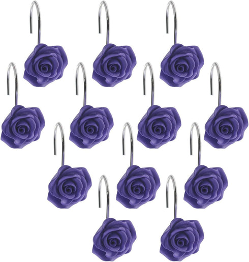12 PCS Home Fashion Decorative Anti Rust Shower Curtain Hooks Rose Design Shower Curtain Rings Hooks (Purple)...