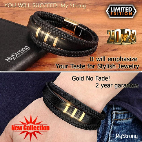 MyStrong Genuine Leather Mens Bracelet - Premium Braided Leather Bracelet for Men and Women with Stainless Steel Magnetic Clasp - Multi-layer Brai...