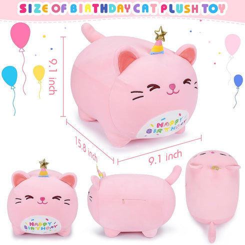 Pink Birthday Cat Plush Stuffed Animals-Gifts for Girlfriend, 16'' Pink Cat Plush, Kawaii Plushies Cat Body Pillow Cat Plushie, Kitten Plush Throw...