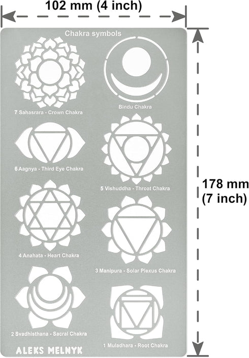 Aleks Melnyk No.415 Metal Stencil, Chakras, Mandala, Yoga, Symbols for Meditation, Om, Sacred Geometry, Template for Wood Burning, Pyrography Engr...