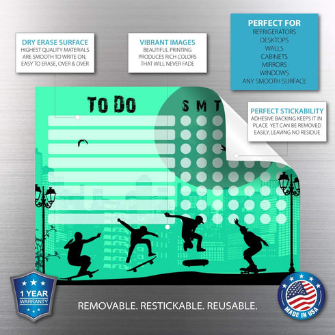 Kid’s Dry Erase Whiteboard Chore Chart | Removable and Restickable Adhesive Decal | Fine-Tip Magnetic Marker Included | 9” x 12" (Skateboard)...