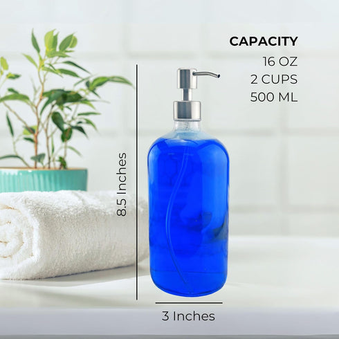 Cornucopia Brands 16-Ounce Clear Glass Bottles w/Stainless Steel Pumps (2 Pack), Soap Dispenser Great for Essential Oils, Lotions, Liquid Soaps...