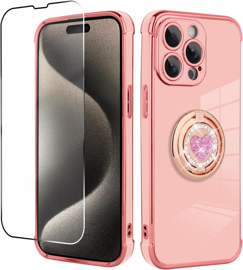 Compatible with iPhone 15 Pro Max Case with Stand, Luxury Cute Bling Double Ring Heart Kickstand Women Girls, Shockproof Soft TPU Plating Protecti...