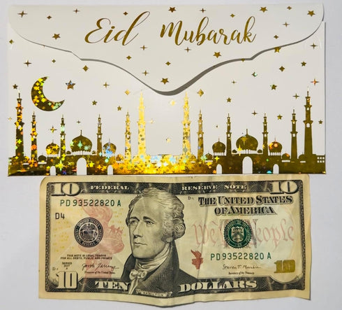 Eid Cash Envelopes 10 pcs/set Eid Greeting Card Holder Gold Foiled Eid Mubarak Money Envelope, White...