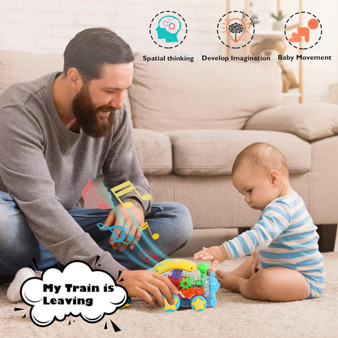 Baby Musical Toys Crawling Train: Tummy Time Interactive Learning Development Crawl Toy with LED Light Up for Boys Girls Automatically Avoid Obsta...