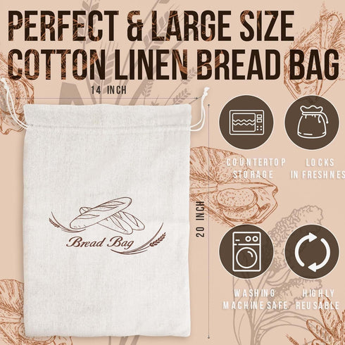 3Pcs Linen Bread Bags with Inner Lining 20" x 14" - Large Bread Bags for Homemade Bread Sourdough, Organic Reusable Bread Storage Box Keeps Bread ...