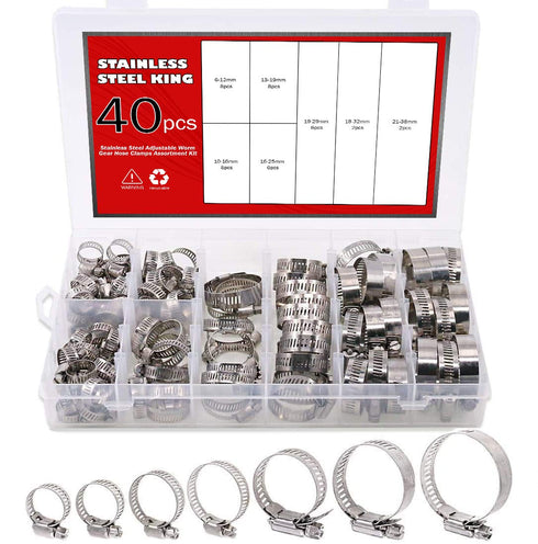 Hose Clamp Kit - 40 Piece 307 Stainless Steel 7 Sizes 6-38mm - Hose Clamps Assortment Pipe Clamp Adjustable - Clamp Assortment Kit, Fuel Line Clam...