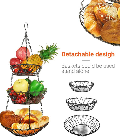 3 Tier Hanging Basket with Sturdy Metal Chain Hanging Hooks Fruit and Vegetable Basket Heavy Duty Wire Organizer Space Saving Rustic Country Style...