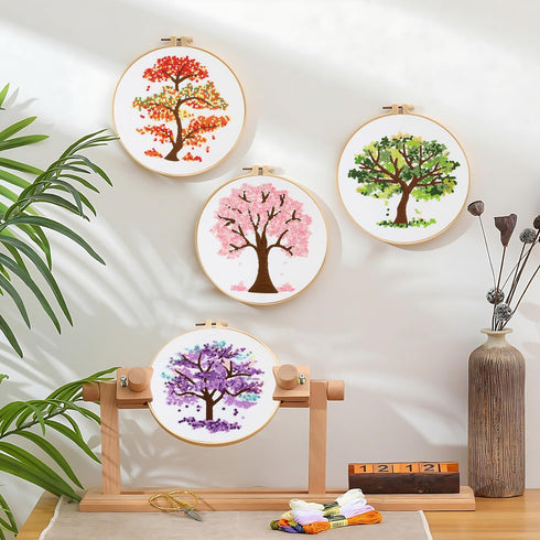 Sivilife Embroidery Starter Kit for Beginners, 4 Sets Stamped Cross Stitch Kits for Adult, Seasonal Tree Pattern Hand DIY Kits with 2 Embroidery H...