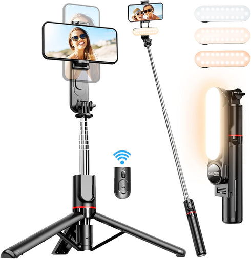 Stable Selfie Stick Tripod with Fill Light, 44 Inch Extendable Selfie Stick with Wireless Remote and Tripod Stand 360 Rotation for iPhone 15/14/13...