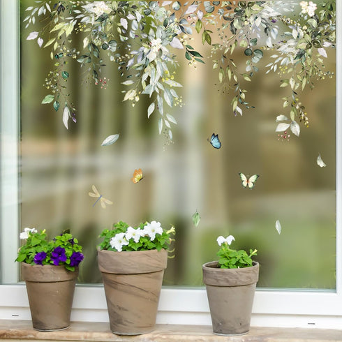 Hanging Vine Foral Window Clings Wall Stickers, PVC Double-Sided Flower Leaf Anti Collision Removable Window Decals, Window Decals for Home Party ...