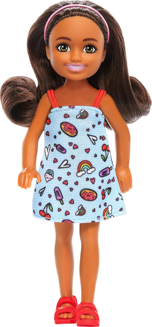 Barbie Chelsea Doll, Small Doll Wearing Removable Blue Dress with Colorful Print & Pink Shoes, Brown Hair & Green Eyes...