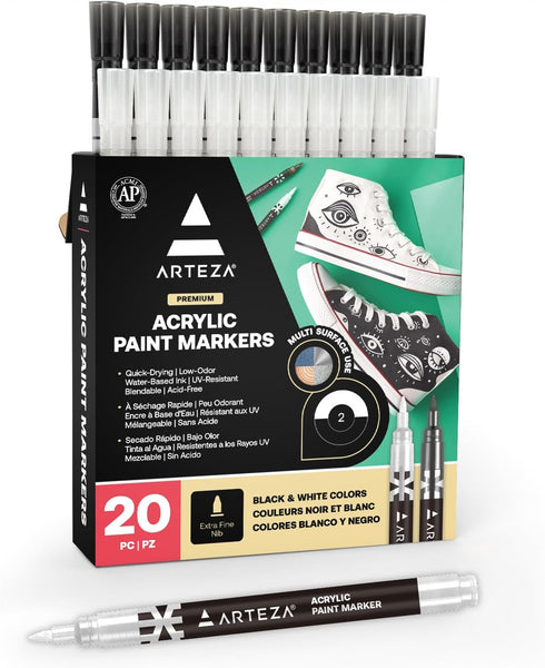 ARTEZA Acrylic Paint Markers, Set of 20 Black & White Acrylic Paint Pens, Art Markers for Glass, Pottery, Ceramic, Plastic, Rocks, and Canvas...