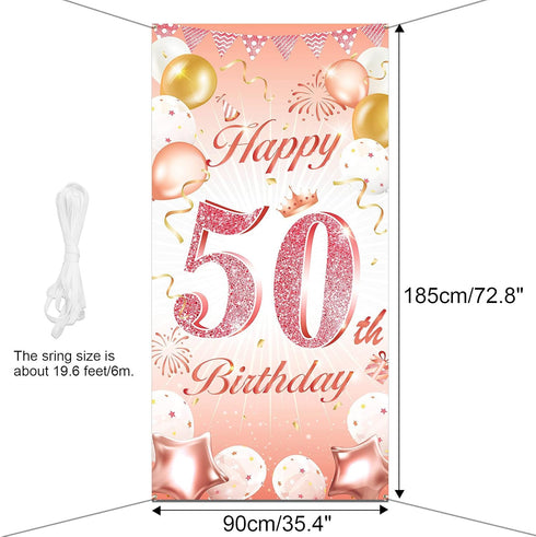 DPKOW Rose Gold 50th Birthday Banner - Backdrop, Wall & Garden Decoration, 185 x 90cm Fabric...