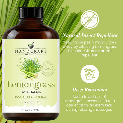 Handcraft Blends Lemongrass Essential Oil – Huge 4 Fl Oz – 100% Pure and Natural – Premium Grade Essential Oil for Diffuser and Aromatherapy, Skin...