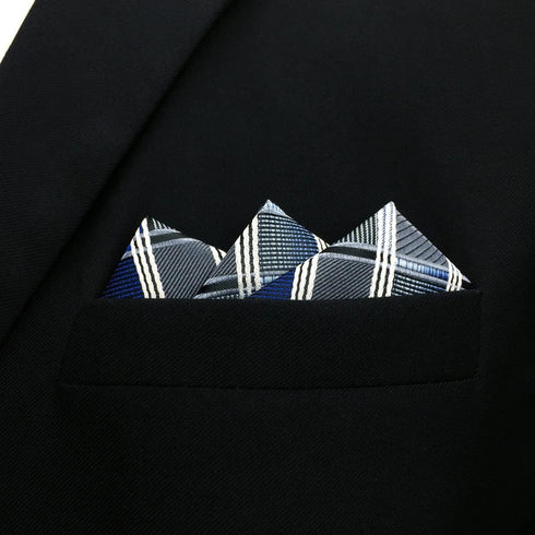 S&W SHLAX&WING Ties for Men Necktie Blue and Grey Check Extra Long Matching Pocket Square...