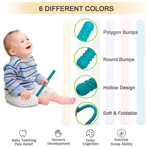 Hollow Teething Tubes Toys for Babies Girls Boys, 5 Pack Silicone Baby Teether Toy Tube for Infants with Nursing Biting Chewing, Chew Straws for T...