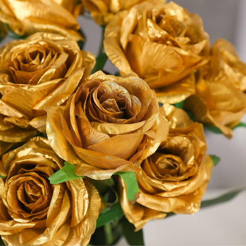 Veryhome 10 Pcs Artificial Gold Flowers Silk Roses Real Touch Bridal Wedding Bouquet Gold Rose for Christmas Home Garden Party Floral Decor...