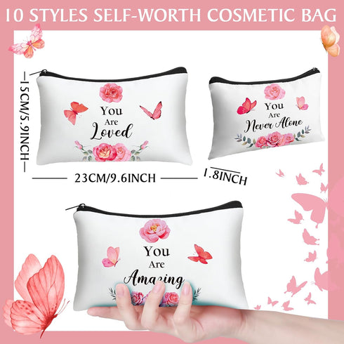 Hillban 10 Pcs Inspirational Gifts Bulk Cosmetic Bag for Women Employee Appreciation Gifts, You Are Amazing Loved Green Leaves Makeup Bags(Butterf...