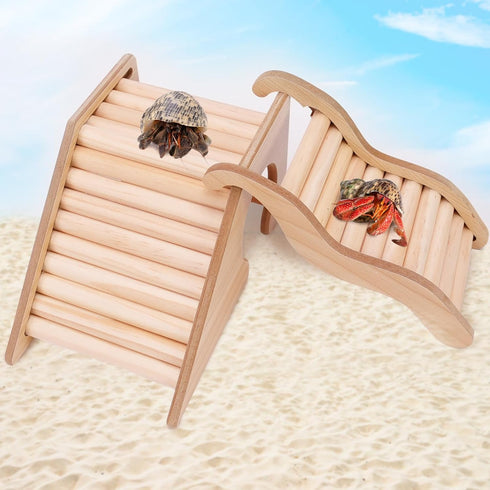 Set of 2 Hermit Crab Hideout with Ramp, Wooden Hermit Crab Climibing Toys, Small Animals Habitat for Hamsters, Aquariums Ladder Bridge Ramp Toy, S...