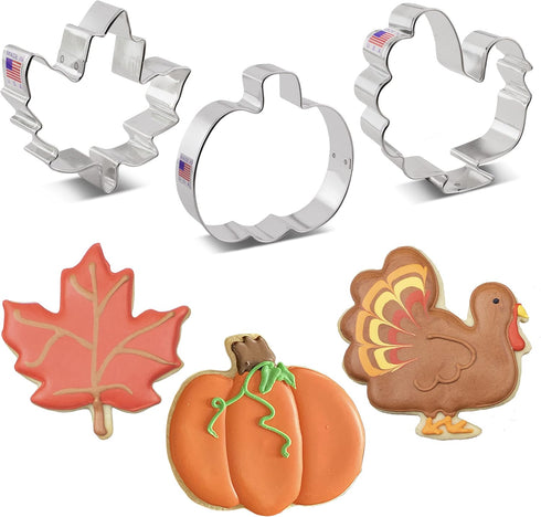 Thanksgiving and Fall Holiday Cookie Cutters 3-Pc. Set Made in USA by Ann Clark, Maple Leaf, Turkey, Pumpkin...