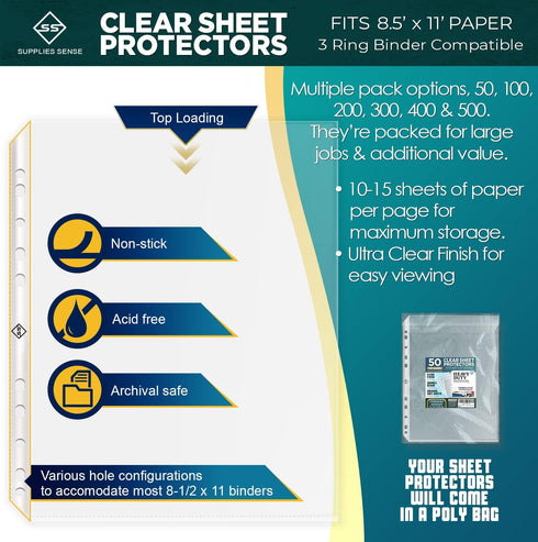 Sheet Protectors for 3 Ring Binder, Premium Clear Plastic Page Protectors for 3 Ring Binder, Sleeves 8.5 x 11 for Paper & Documents (50)...