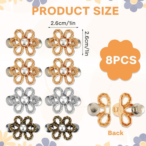 8 Sets Flower Jean Buttons, Jeans Waist Tightener No Sew Button Pins Adjustable Decorative Waist Buckles Detachable Jean Clips for Loose Jeans Pan...