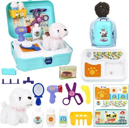 Pet Care Play Set for Kids, 16Pcs Doctor Kit Pretend Play Vet Dog Grooming & Feeding Toys with Backpack, Educational Toys for Girls and Boys 3-7 Y...