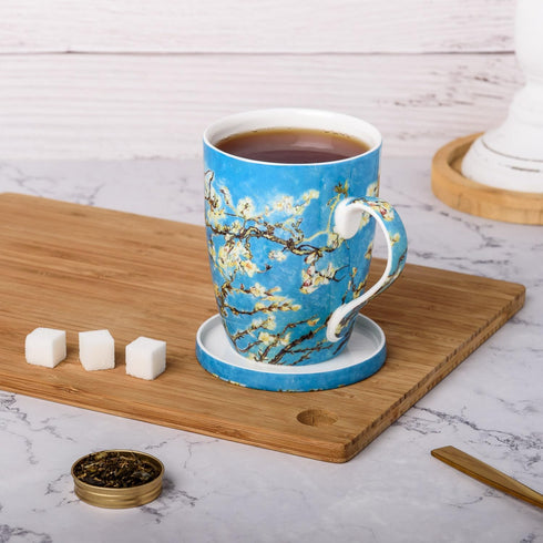 McIntosh Mugs Van Gogh Almond Blossom Fine Bone China (15 oz) Tea Mug with Lid and Infuser in Matching Gift Box...